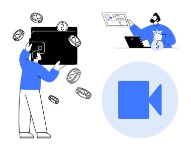 Online financial services, digital wallets, remote payments, video calls, e-commerce, virtual transactions. Man holding wallet and coins, video icon online money bag interaction. Financial services