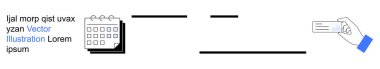 İş organizasyonu, programlama, planlama, hatırlatıcılar, iletişim ve kimlik. Bir takvim ikonu, metin blokları ve kart tutan bir el. İş örgütü ve programlama