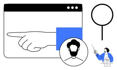 Web tarayıcı penceresinin içini gösteren el işareti, kullanıcı profili simgesi, büyüteç ve bir belgeyi açıklayan öğretmen. Rehberlik, navigasyon, kullanıcı arayüzü, araştırma, eğitim talimatı için ideal