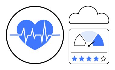 Sağlık hizmetleri verileri. Sağlık hizmetleri bir kalp atışı ikonu ve bulut gösterge tablosu ölçümleri üzerinden izliyor. Sağlık hizmetleri verileri sağlık izleme ve yönetimi destekler. Konseptler arasında teknoloji, fitness