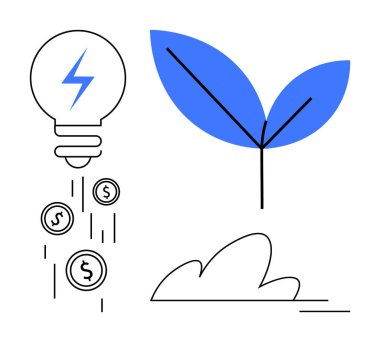 Sürdürülebilir enerji, finansal büyüme, yenilik, çevre koruma, çevre dostu, ilerleme. Bozuk paralar ve fidanlı ampul. Sürdürülebilir enerji ve finansal büyüme kavramı
