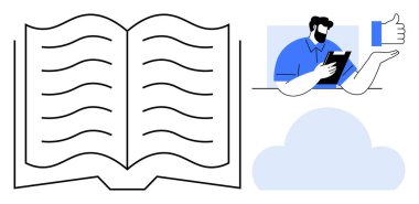 Eğitim, dijital öğrenme, bulut teknolojisi, uzaktan çalışma, okuma, online kaynaklar. Açık kitap, tablet bulut işareti kullanan adam. Eğitim ve dijital öğrenme kavramı