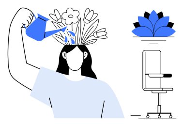 Kişisel bakım, zihinsel sağlık, kişisel gelişim, yaratıcılık, meditasyon, sükunet. Çiçeklerle, nilüfer şekliyle ve sandalyeyle aklını sulandıran biri. Kişisel bakım ve zihinsel sağlık kavramı