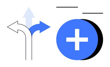 Decision-making visual. Arrows choice and direction, while the plus symbol suggests growth or addition. Decision-making in business strategy, planning, growth, innovation, education