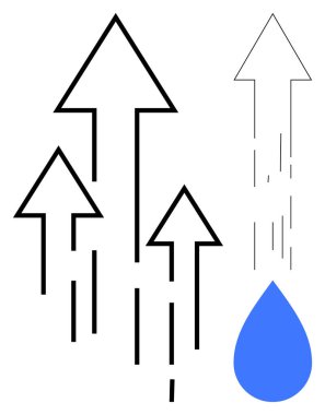 İş büyümesi, yenilik, sürdürülebilirlik, ilerleme, çevre bilinci, tasarım eğilimleri. Beyaz arka planda mavi damlacıklı yukarı doğru oklar. İş büyümesi ve yenilik kavramları