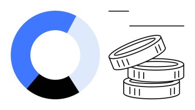Veri analizleri, finansal planlama, yatırım eğilimleri, tasarruf, bütçe hesaplama, iş performansı. Bir pasta grafiği ve para çizimi. Mali planlama ve yatırım eğilimleri kavramı