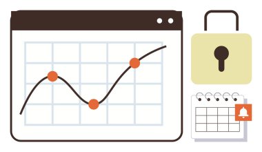 Analitik eğilimleri gösteren çizgi çizelgesi, veri korumasını vurgulayan güvenlik kilidi, hatırlatıcılar için alarmlı takvim. Veri yönetimi, çevrimiçi güvenlik, planlama, analiz, organizasyon için ideal