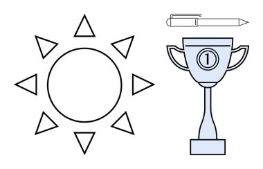 Başarı konsepti. Parlayan bir güneş, kupa kupası ve kalem yaratıcılığı, başarı ve tanınma gibi başarı sembolleri. Motivasyon, eğitim, ödüller markalaşma ve iş malzemeleri için