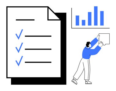Checklist. Checklist a task list with checkmarks, data charts, and teamwork visuals. Checklist used for productivity, project planning, task management, and organization tools. productivity business