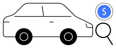 Büyüteç camlı ve mavi daireli bir sedan araba. Otomotiv satışları, fiyatlandırma, teftiş, kiralama, bütçe planlaması, piyasa araştırması, basit düz metafor için ideal