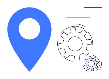 Navigation, technology, process management, efficiency, location tracking, automation. Blue location pin next to outlined gears. Navigation and technology concept
