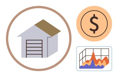 Kahverengi çatılı ev şeklindeki depo ikonu, analitiği sembolize eden çizgi çizelgesi ve maddi para motifi. Lojistik, tedarik zinciri, finans, e-ticaret, kar büyümesi, veri içgörüsü için ideal