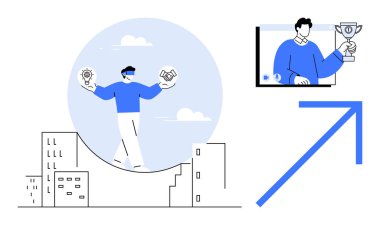 Person balancing innovation, collaboration, and growth in a cityscape while a trophy is presented virtually. Ideal for teamwork, goal achievement, remote work, success, personal growth, productivity