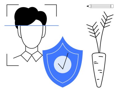 Biometric security, data protection, nutrition, technology, identity verification, health awareness. A face scan, shield with checkmark and carrot illustration. Biometric security and data