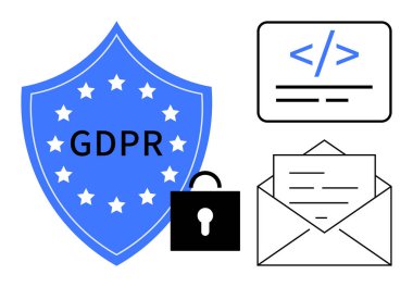 Veri gizliliği, siber güvenlik, uyum, e-posta koruması, yasal düzenlemeler, bilgi güvenliği. GDPR mesajı, asma kilit kodlama sembolü ve posta zarflı mavi kalkan. Veri gizliliği