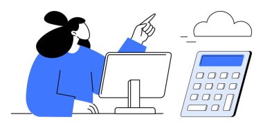 Bulut hesaplama, çevrimiçi depolama, dijital hesaplama, teknoloji kullanımı, uzaktan çalışma, finansal planlama. Bir bilgisayar ve hesap makinesinin yanındaki bulut simgesini gösteren bir kadın. Bulut hesaplama ve çevrimiçi