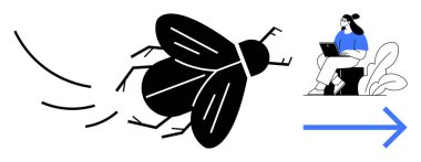 Geçiş konsepti. Çarpıcı bir grafik, uçan bir böcek ve dizüstü bilgisayar, geçiş ve dijital gelişim üzerinde çalışan birini birleştiriyor. Teknolojide, işte ve fikirlerde geçiş. Yenilik için, değişim