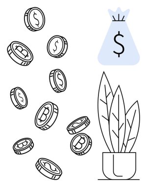 Bitcoin paralar ve bir dolar işaretli para çuvalı kriptoyu, yatırımı ve servetin yanı sıra finansal büyüme ve sürdürülebilirliği simgeliyor. Dijital finans için ideal