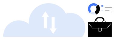 Cloud computing, data transfer, business analytics, storage solutions, digital tools, workflow management. Cloud with arrows, chart graphic and suitcase. Cloud computing and data transfer concept