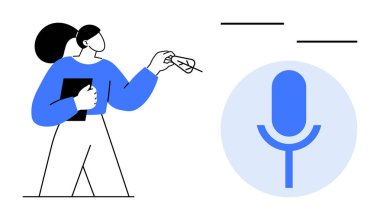 Podcasting, ses akışı, dijital iletişim, medya üretimi, konuşma olayları, çevrimiçi içerik oluşturma. Elinde klasör ve mikrofon simgesi olan bir kadın. Podcasting