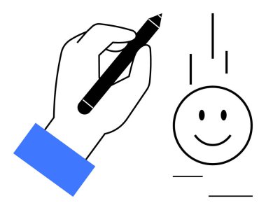 Çizim konsepti. Akan çizgilerle gülen bir yüz çizmek, yaratıcılığı, tasarımı ve sanatı vurgulamak. Yaratıcılık, eğitim, sanat araçları, tasarım stüdyoları ve markalaşma için çizim