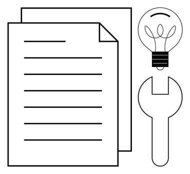 İş stratejisi, yenilik, teknik çözümler, yaratıcılık, bilgi paylaşımı, verimlilik. Çizgileri, ampulü ve anahtarı olan bir belge. Yenilik ve teknik çözümler teması