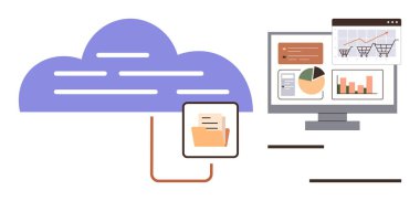 Büyük bulut grafikleri veri tabloları, pasta grafikleri ve alışveriş arabası analitiği gösteren bir klasöre ve bilgisayar monitörüne bağlı. Teknoloji, depolama, ticaret, analitik, bulut hesaplama için ideal