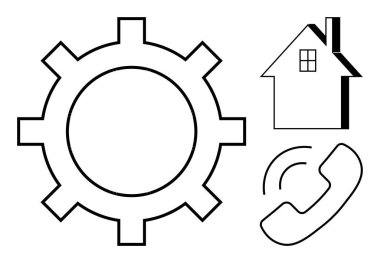 Endüstri, ev bakımı, iletişim hizmetleri, hizmet optimizasyonu, müşteri desteği, iletişim çözümleri. Minimalist çizgilerde vites, ev ve telefon sembolleri. Sanayi ve ev bakımı