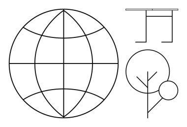 Eğitim, tasarım, mimari, küresel kavramlar, yapısal planlama ve doğa. Dairesel küre, ağaç diyagramı ve geometrik çizgilerde tablo şekli. Mimari ve tasarım görselleştirme kavramı