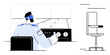 Hava yönetimi, hava trafik güvenliği, ulaşım koordinasyonu, navigasyon sistemleri, profesyonel izleme, iş gücü eğitimi. Kontrol odasındaki kontrol panelinde bir kişi var. Havacılık