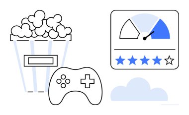 Eğlence konsepti. Oyun denetleyici, patlamış mısır ve derecelendirme sistemi dijital eğlence deneyimlerini ön plana çıkarıyor. Oyun, sinema, eleştiriler, yayın, içerik değerlendirmesi için eğlence