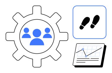Takım çalışması figürlerine sahip vites, bir karede ayak sesleri, ve bir çizgi grafiği olan grafik işbirliğini, ilerleme takibini, veri analizini ve yeniliği simgeliyor. İş, yönetim ve takım çalışması için ideal