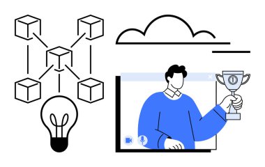 Blockchain network diagram, light bulb for innovation, and person winning an online award. Ideal for technology trends, innovation, networking, virtual events, achievements, blockchain