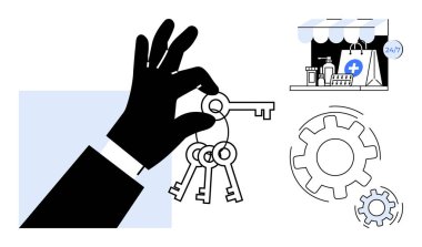 Erişim yönetimi, ticari işlemler, güvenlik sistemleri, e-ticaret hizmetleri, stratejik planlama, perakende çözümler. Siyah el, vites ve vites kolunun yanında anahtarları tutuyor. Erişim yönetimi