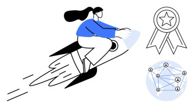 İş büyümesi, yenilik, başarı, fütüristik fikirler, takım çalışması, teknoloji. Roketli bir kadın, ağ bağlantıları ödül kurdelesi. İş büyümesi ve yenilik kavramları