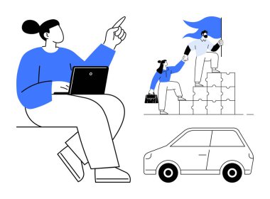 Liderlik, takım çalışması, hareket kabiliyeti, yenilik, verimlilik ve problem çözme. Dizüstü bilgisayar kullanan bir kişi, takım basamakları bayrak araba sembolüyle çıkıyor. Bir profesyonelde liderlik ve takım çalışması fikirleri.