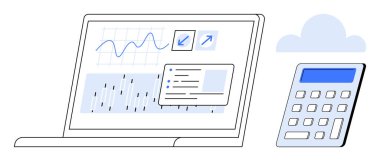 Veri görselleştirme, muhasebe araçları, finansal planlama, bulut teknolojisi, iş analizi, yazılım çözümleri. Grafikleri ve hesap makinesini bir bulut simgesinin yanında gösteren bir laptop. Veri görselleştirme