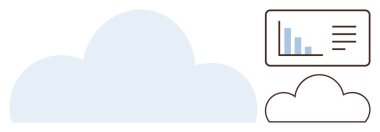 Minimalist tasarımı olan büyük bulut, ekranda daha küçük bulut ve çubuk grafiği. Veri depolama, bilgisayar, teknoloji, analitik, yönetim, yenilik bulut hizmetleri için idealdir. Basit düz metafor