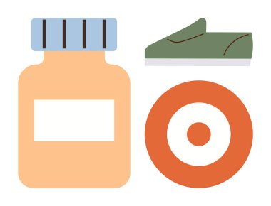 Vitamin şişesi, yeşil koşu ayakkabısı, hedef hedefi sağlık, fitness ve gol atmayı sembolize ediyor. Sağlık, zindelik, beslenme, kendini iyileştirme, sağlıklı yaşam motivasyonu için idealdir. Basit düz