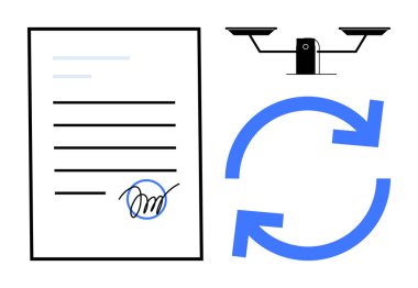 Yasal süreçler, iş sözleşmeleri, adalet sistemi, tekrarlanan süreçler, belge yenileme, yönetmelikler. İmzalanmış belge, adalet terazisi mavi ok döngüsü. Yasal süreçler ve iş sözleşmeleri