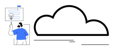 Büyük bir bulut simgesi, bir erkek sunucu ve görsel diyagramı olan bulut hesaplama kavramı. Teknoloji, bilişim çözümleri, veri depolama, yenilik, sunumlar, dijital dönüşüm işi için ideal