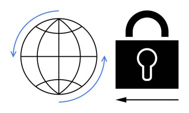Siber güvenlik kavramı. Dünya ve asma kilit çevrimiçi güvenlik, dijital veri koruması ve küresel siber güvenlik. Siber güvenlik güvenli iletişim ve mahremiyet sağlar. IT, teknoloji ve dijital platformlar için