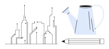 Kentsel planlama, çevresel sürdürülebilirlik, teknolojik yenilik, yaratıcı büyüme, akıllı şehirler, tasarım kavramları. Sulama kutusu ve kalemle minimalist şehir silüeti. Şehir planlaması