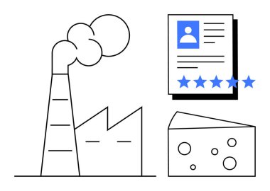 Duman yığınları olan bir fabrika, 5 yıldızlı bir müşteri profili ve minimal dizaynlı bir peynir ikonu. Üretim, gıda endüstrisi, müşteri geribildirimi, reytingler, endüstriyel çevre için ideal