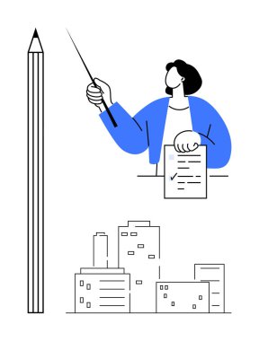 İş adamı elinde bir belge tutuyor ve yaratıcılığı sembolize eden büyük bir kalem ve aşağıdaki şehir manzarasını işaret ediyor. Eğitim, iş stratejileri, yaratıcılık, planlama ve liderlik için ideal