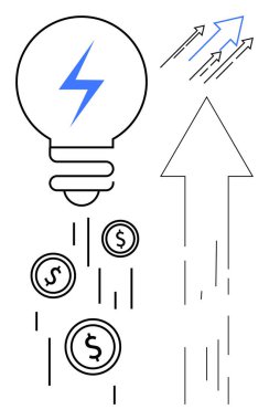 Finansal büyüme, yenilik, iş stratejisi, ekonomik başarı, yatırım fırsatları, girişimcilik. Bozuk paraların düştüğü ampul ve yukarı bakan oklar. Yenilik ve iş