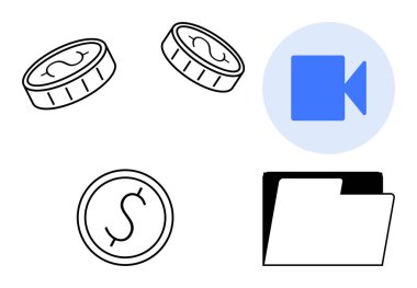 Kişisel finans, video analizleri, dijital depolama, para yönetimi, finansal güvenlik, veri örgütü. Bozukluklar, bir video kamera ikonu ve bir klasör. Mali güvenlik ve veri örgütü kavramı