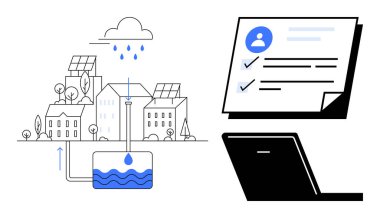 Şehir güneş enerjili binalar, kontrol listesi belgeleri ve dizüstü bilgisayar arayüzü olan yağmur suyu hasat sistemi. Sürdürülebilirlik, eko-teknoloji, kentsel planlama, verimlilik, enerji yönetimi için ideal