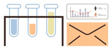 Renkli solüsyonlu test tüpleri, sağlık veri tablosu, turuncu zarf. Sağlık raporu, laboratuvar testi, iletişim, tanı, veri paylaşımı araştırma sağlık politikası için ideal. Basit düz