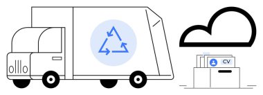 Geri dönüşüm konsepti. Geri dönüşüm sembolü olan bir kamyonun sürdürülebilir lojistiği, bulut simgesi ve bulut tabanlı dosya depolama ve veri yönetimi ile birlikte. sürdürülebilirlik, lojistik, bulut